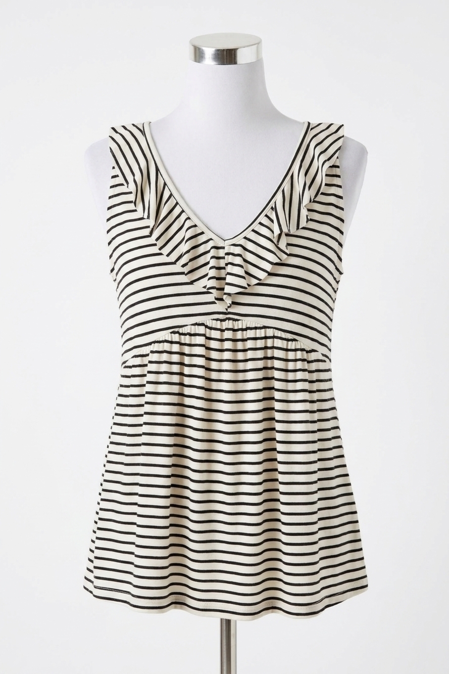 NEW HAPTICS stripe vneck ruffle babydoll tank top in ivory/black stripe